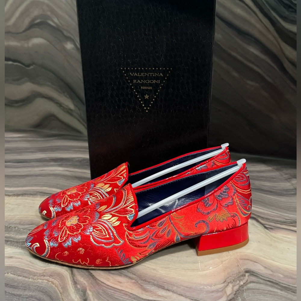 Valentina Rangoni NIB Embroidered LUXE Satin Slippers Amalfi Loafers 6B Flats - Picture 4 of 11